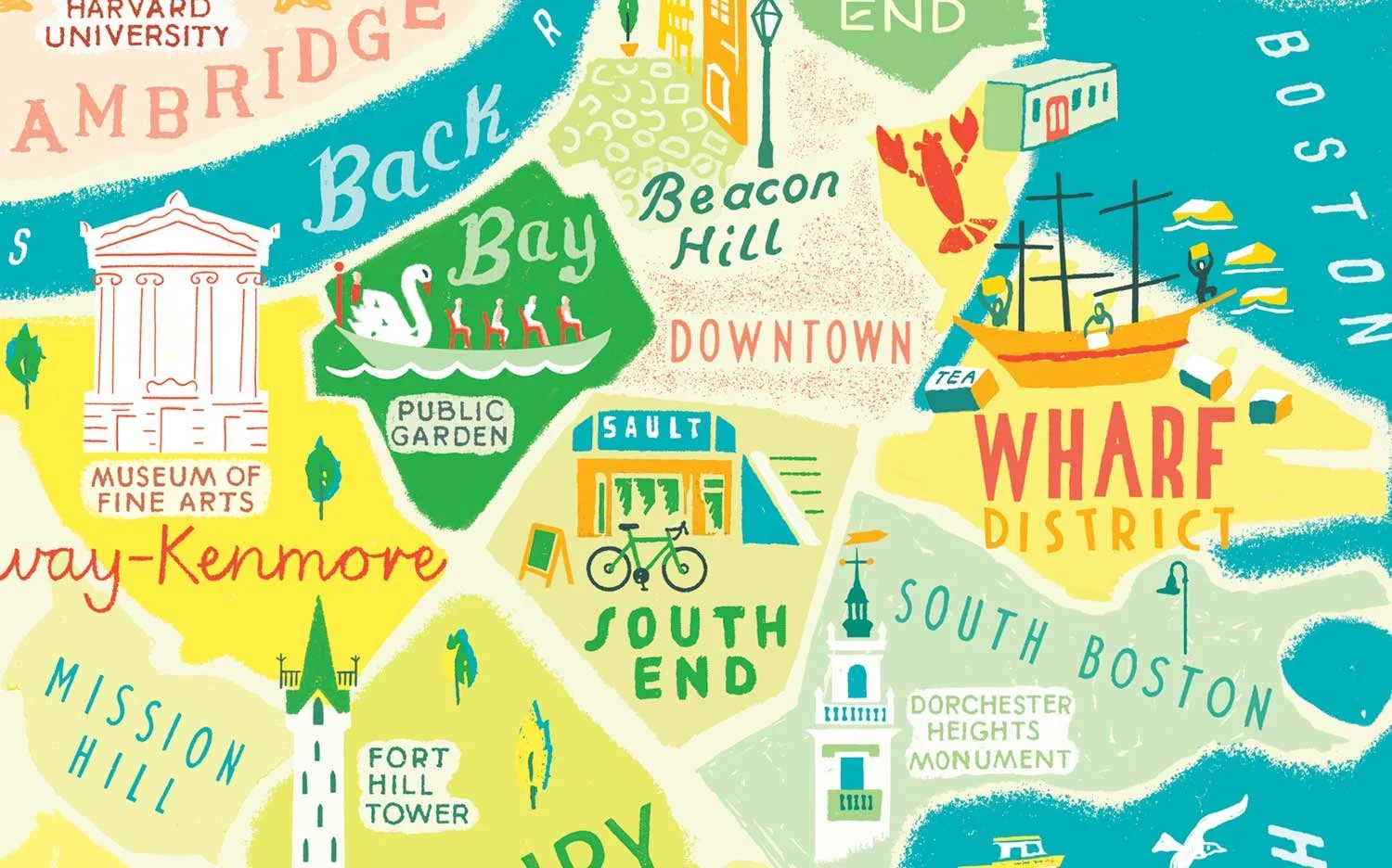 Cropped section of a Boston city map illustration by Anna Simmons in turquoise, yellow-green, and hot red, showing detailed neighbourhood landmarks with playful hand drawn lettering.
