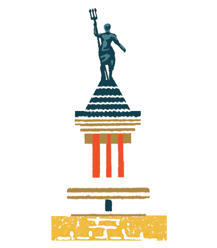 Pop-Up book component illustrated by Anna Simmons showing the figure of Posiedon atop the Lighthouse of Alexandria in reds yellows and blues