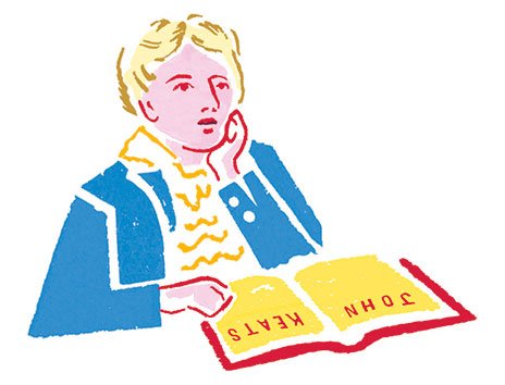Illustration featuring John Keats in shades of blue, pink, and yellow, resting his head on his hand, lost in thought, with an open book in front of him displaying his name on the pages