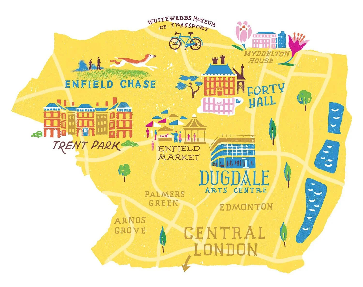 Illustrated map in the shape of the London Borough of Enfield, coloured yellow with hot pink, orange and contrasting blue, featuring Enfield Chase, Trent Park, Forty Hall, Myddelton House and Enfield Market