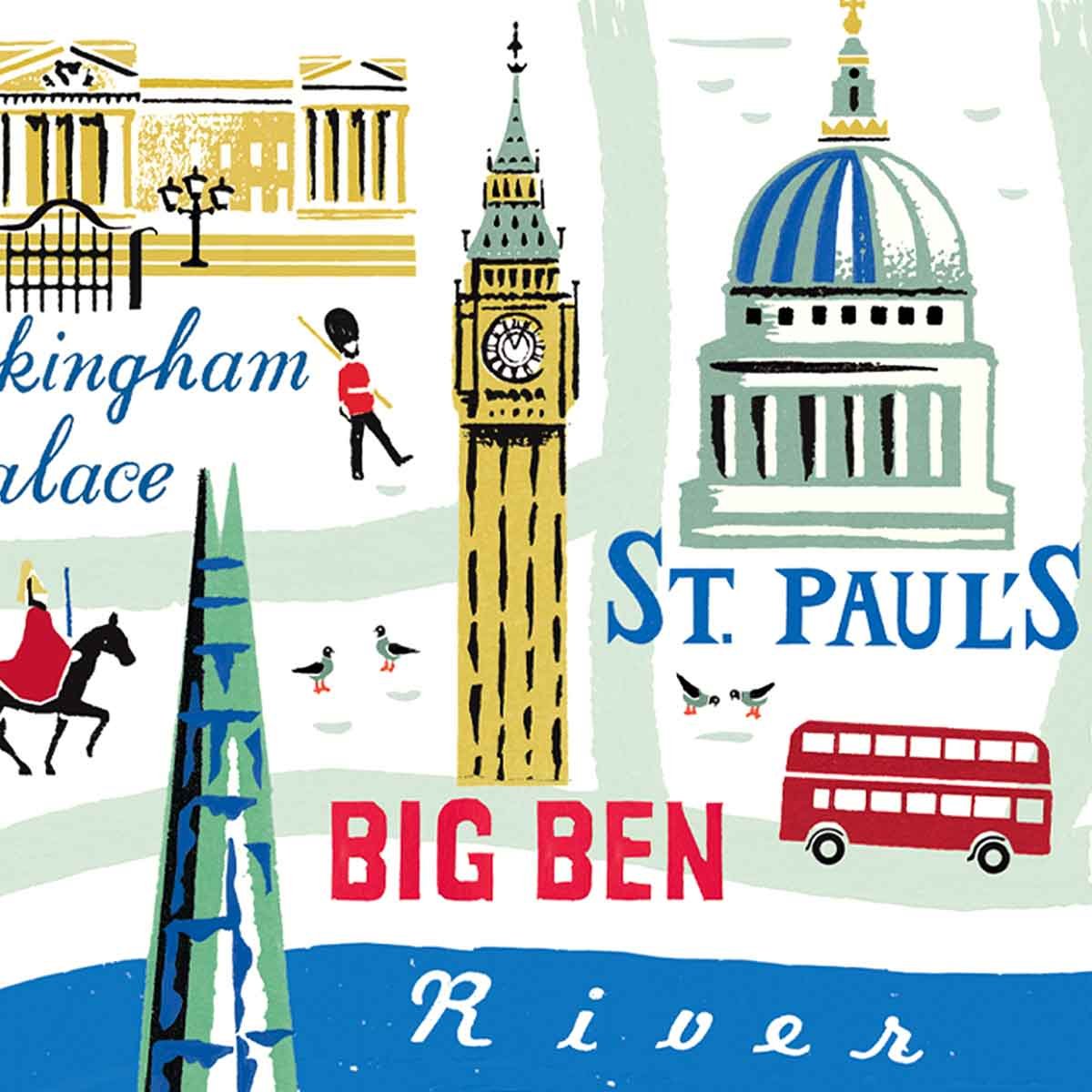 Cropped section of an illustrated map of London with the River Thames, St Paul's Cathedral, Buckingham Palace, a London bus and a King's Guard in pale green, blue, gold and red.
