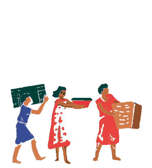 A line of ancient people carrying objects in the same direction drawn by illustrator Anna Simmons