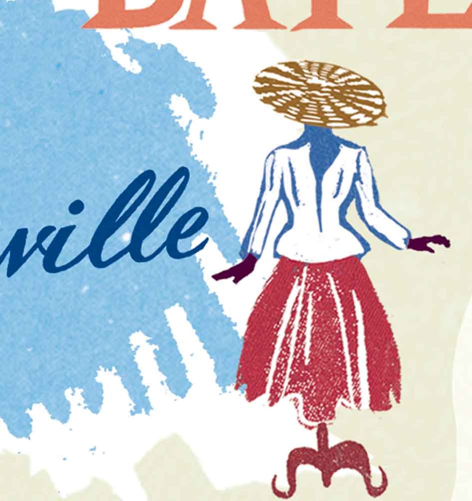 Close-up of an illustrated map, with hand lettering fragments cropped by the frame, showing a dressmaker’s mannequin in Dior’s New Look, with white fitted jacket, full red-pink skirt, and angled wide-brimmed hat.
