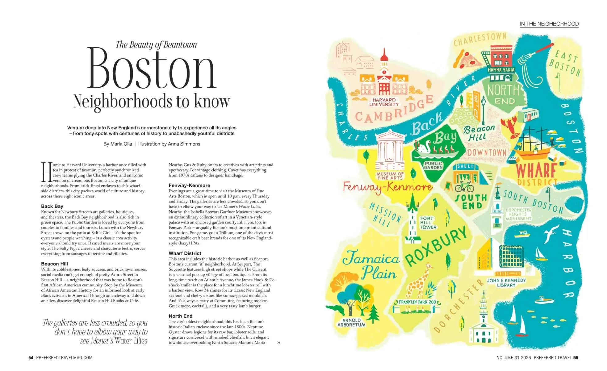 Illustrated Boston city map featured in a luxury travel magazine spread, pairing calm editorial typography with lively hand-drawn detail to create an engaging destination guide for travel and hospitality audiences.