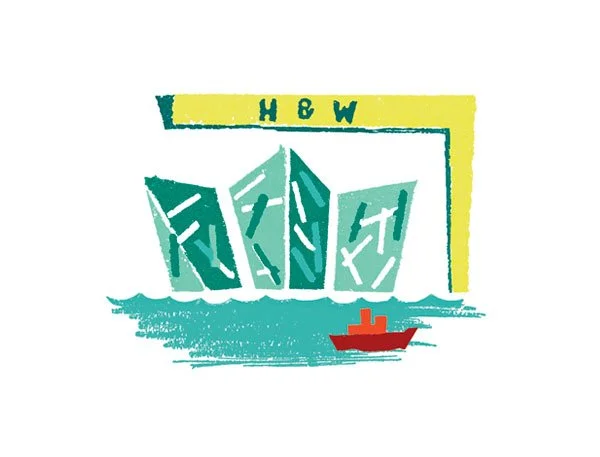 Spot illustration of the Titanic Museum Belfast in greens, yellow and red with a Harland and Wolff crane in the background and red boat in foreground