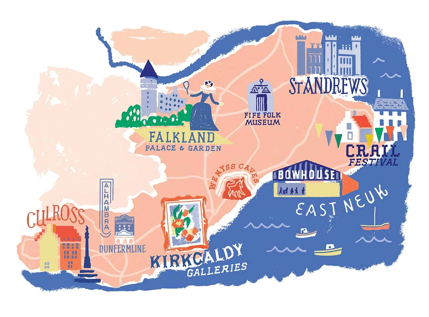 Custom illustrated regional arts map of Fife by Anna Simmons, in warm red, yellow, blue, and green tones on a pink background, showing sites such as St Andrews and Falkland Palace with Mary Queen of Scots
