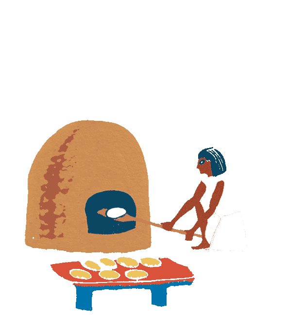 An illustration of an ancient Egyptian woman loading dough into a clay oven drawn by Anna Simmons