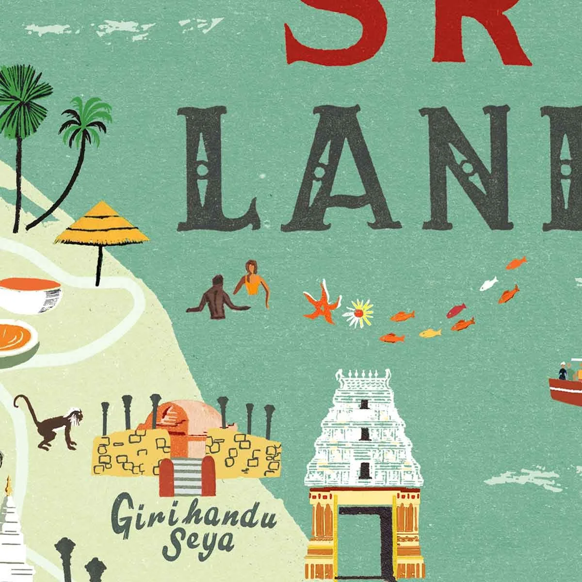 Cropped section of an illustrated map of Sri Lanka with turquoise sea, palm trees, tropical fish and landscape in turquoise, green, yellow and orange.