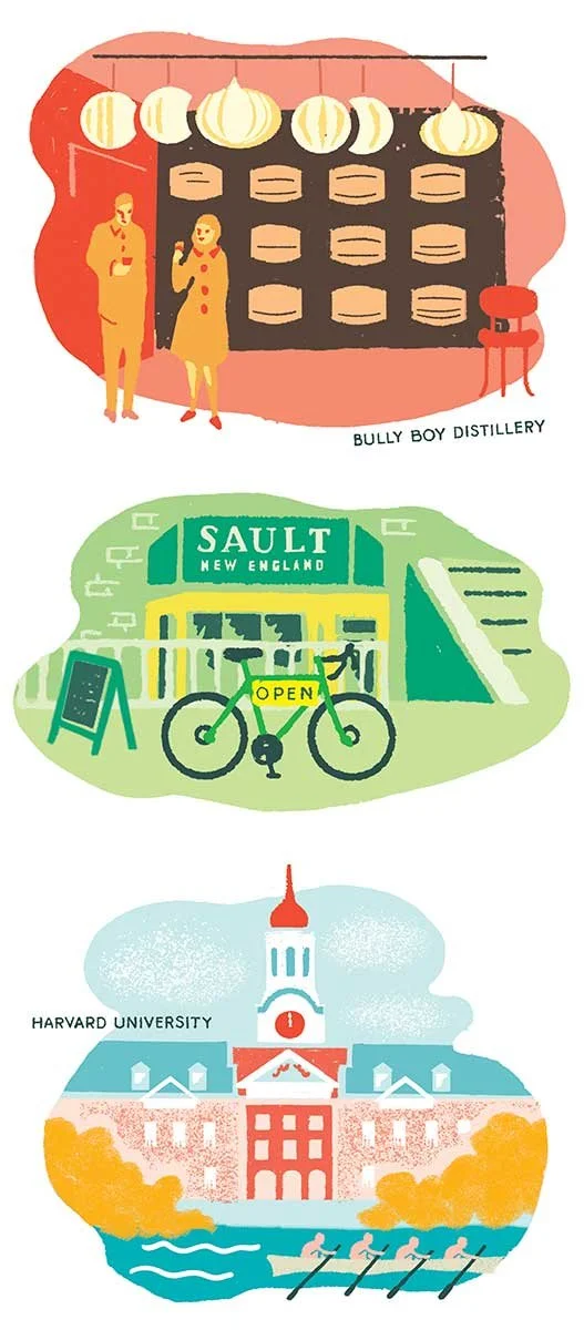 Vertical column of three Boston spot illustrations by Anna Simmons: a warm-lit distillery bar, a green-toned street shop, and an airy Harvard University riverside scene.