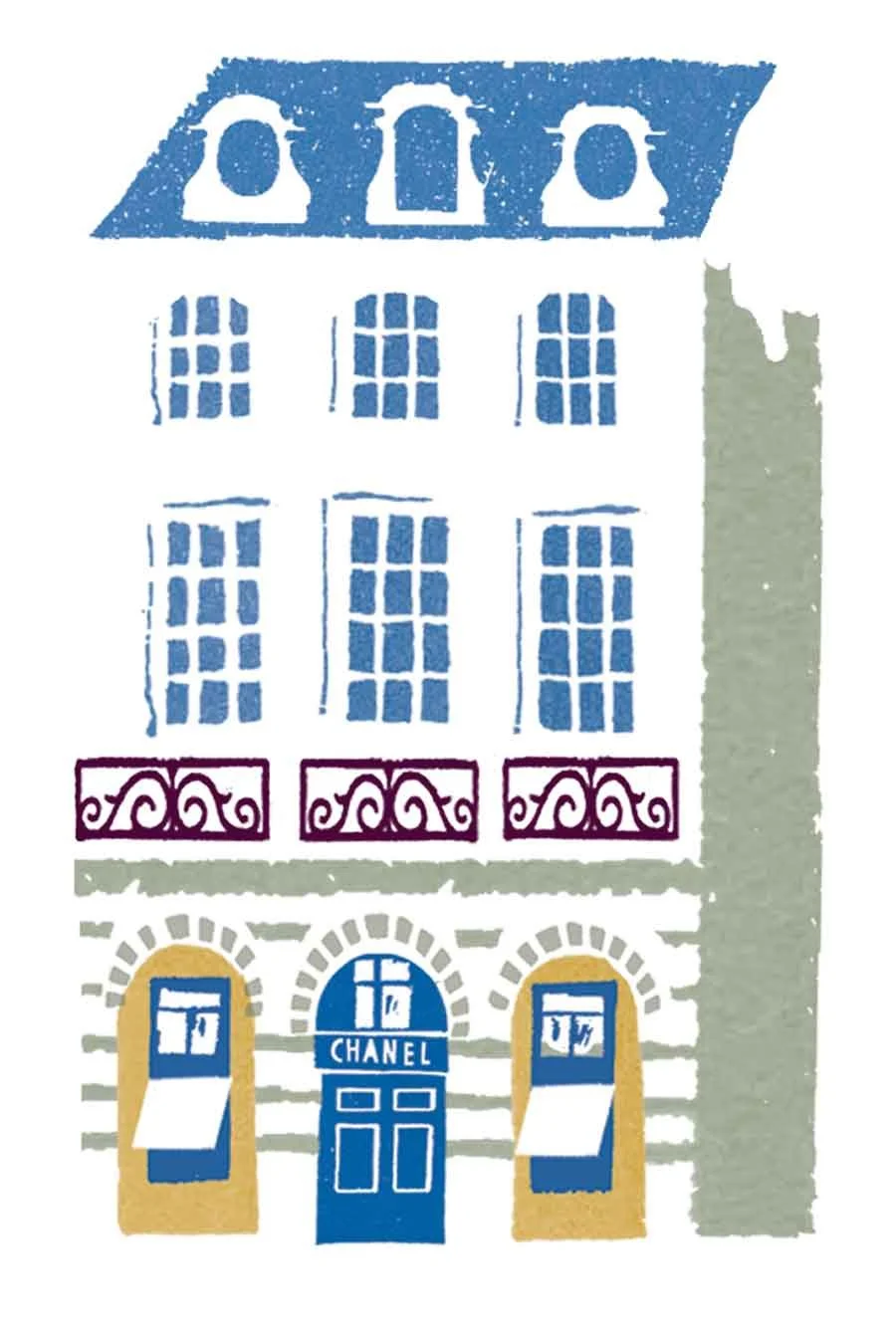 Spot illustration of the original Chanel building in Paris, showing the storefront and atelier, in muted green, blue, and gold tones.