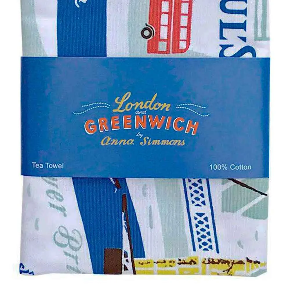 Photograph of a white tea towel folded inside a cardboard packaging sleeveshowing multicoloured hand-lettered “London and Greenwich by Anna Simmons”, illustrated by Anna Simmons