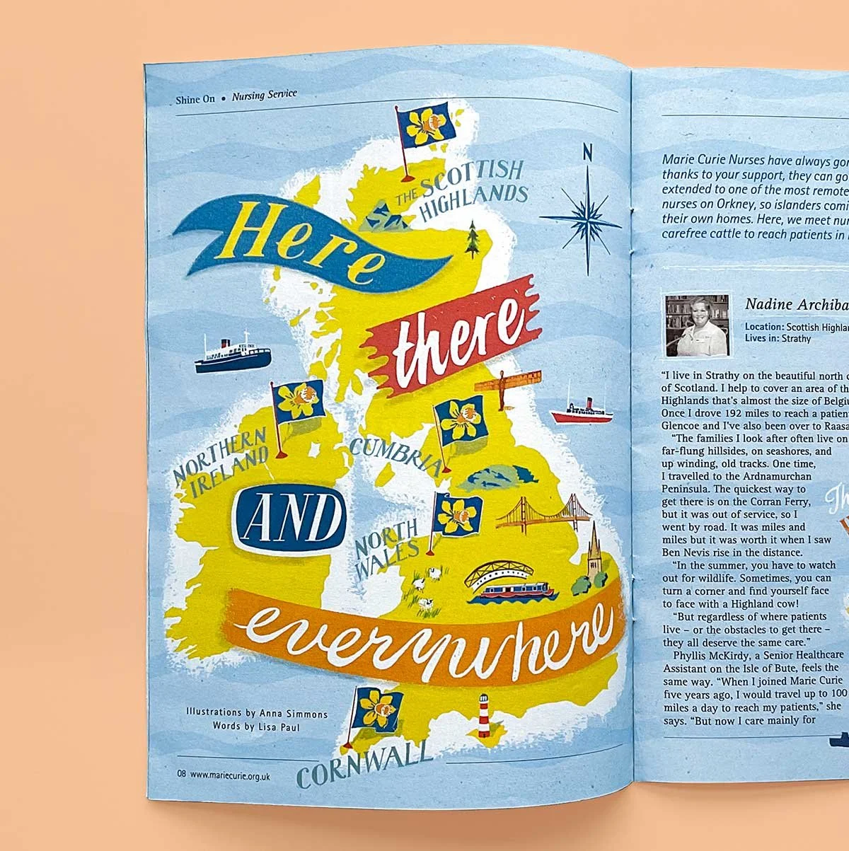 Photograph of an open donor booklet, cropped to show one page featuring hand-lettered title artwork by Anna Simmons reading “Here, There and Everywhere” over an illustrated map of the UK.