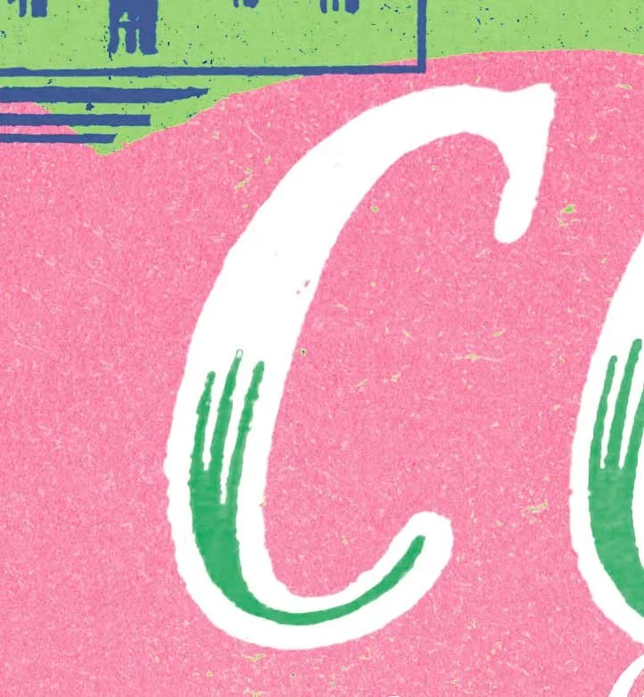 The letter C in italic hand lettering style, green and pink, cropped from an illustration by Anna Simmons