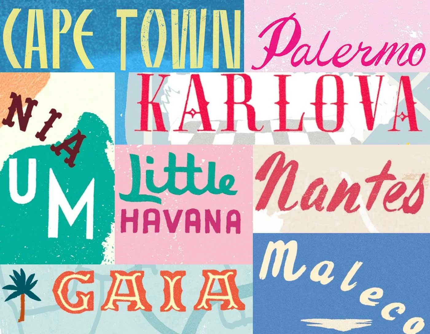 A collage of hand-lettered place names in varied typographic styles and colours, illustrated by Anna Simmons, showing the range of lettering used across her illustrations.