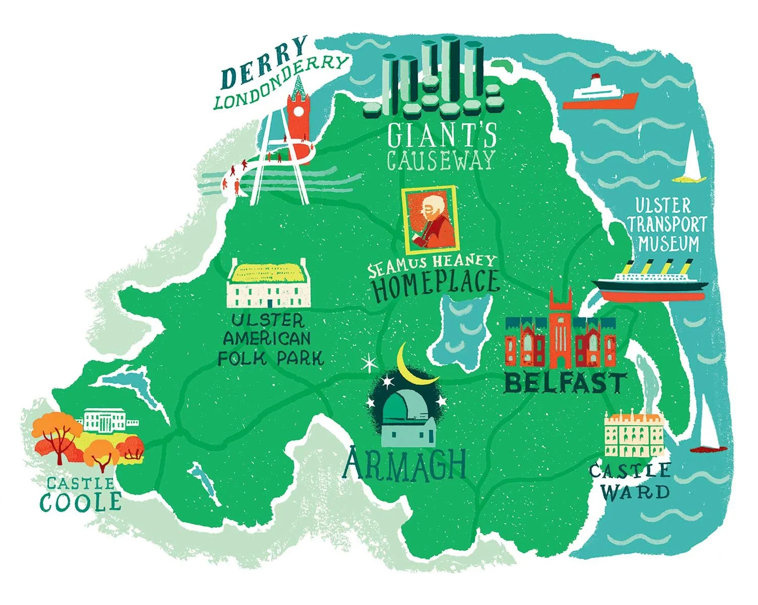 Illustrated map of Northern Ireland in emerald green and turquoise sea, with red, orange, and yellow highlights. Features Seamus Heaney HomePlace, Ulster Transport Museum, Giant’s Causeway, Castle Coole, Armagh, and Belfast
