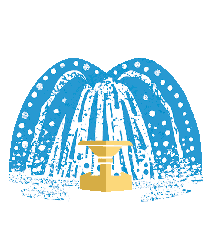 illustrated fountain Pop-Up element by Ann Simmons in blues and yellows