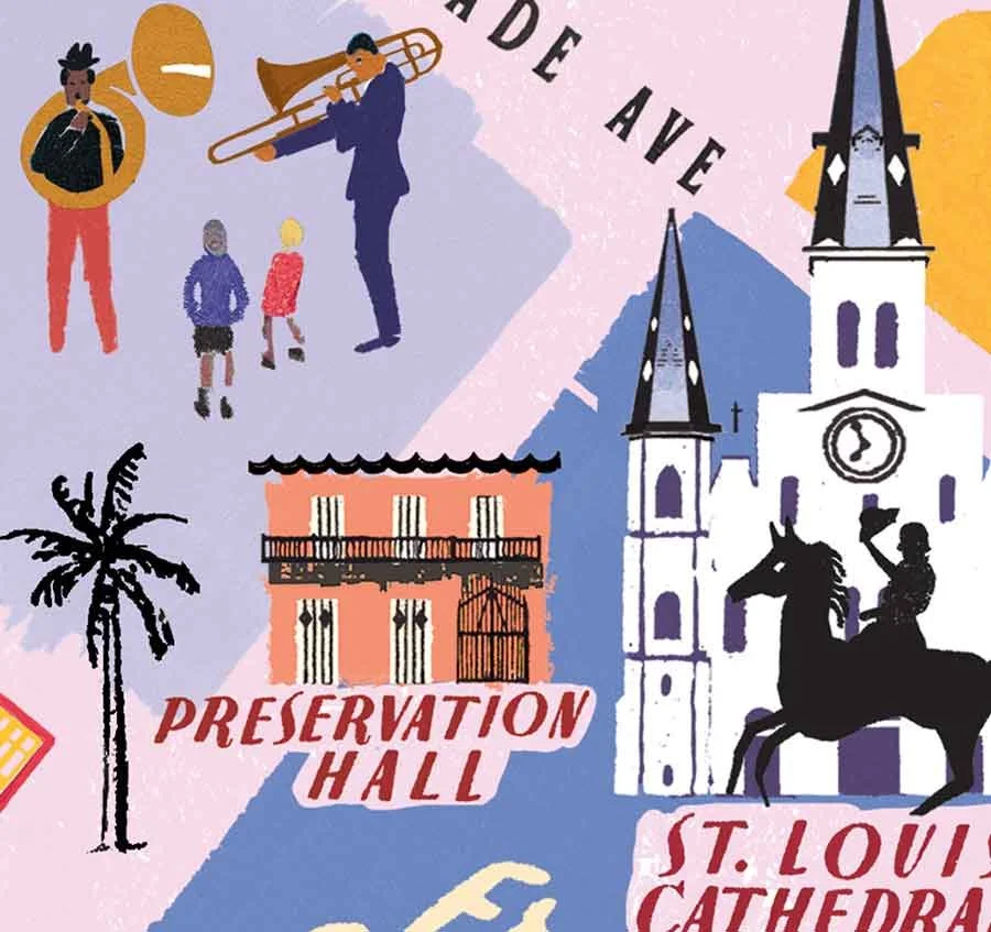 Cropped section of a New Orleans map by Anna Simmons, showing Preservation Hall with jazz musicians playing brass instruments, set against pink and purple hues and hand-lettered streets