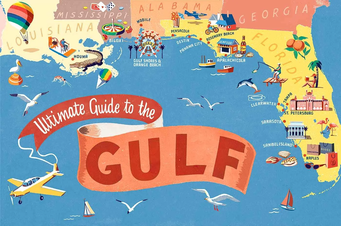 Southern US coastline with bold, colorful hand-lettered headline “The Ultimate Guide to the Gulf”, illustrated by Anna Simmons
