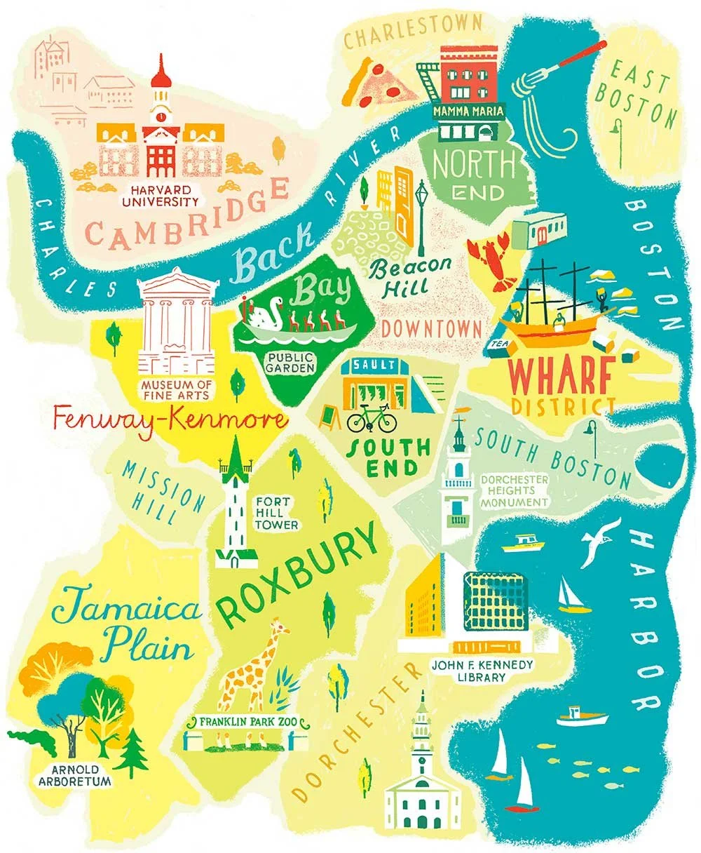 Boston city neighbourhood map illustrated and hand lettered by Anna Simmons in blues, green, turquoises and yellows with warm and red accents. Exploring central areas, Tea Party Museum, Public Gardens as well as residential areas.