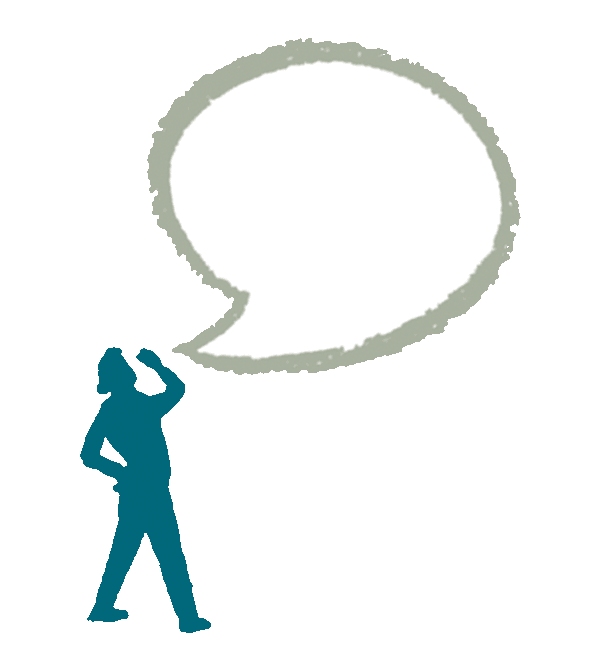 The silhouette of a man drawn by illustrator Anna Simmons with his hand cupped to his mouth from which a speech bubble emerges