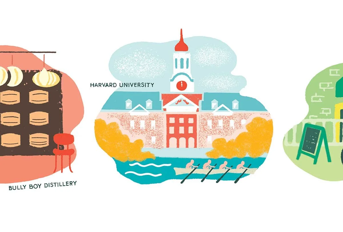 Contextual illustration for editorial projects: Harvard University spot illustration in pale blues with warm yellow and red accents, part of a horizontal series of organic-shaped scenes.