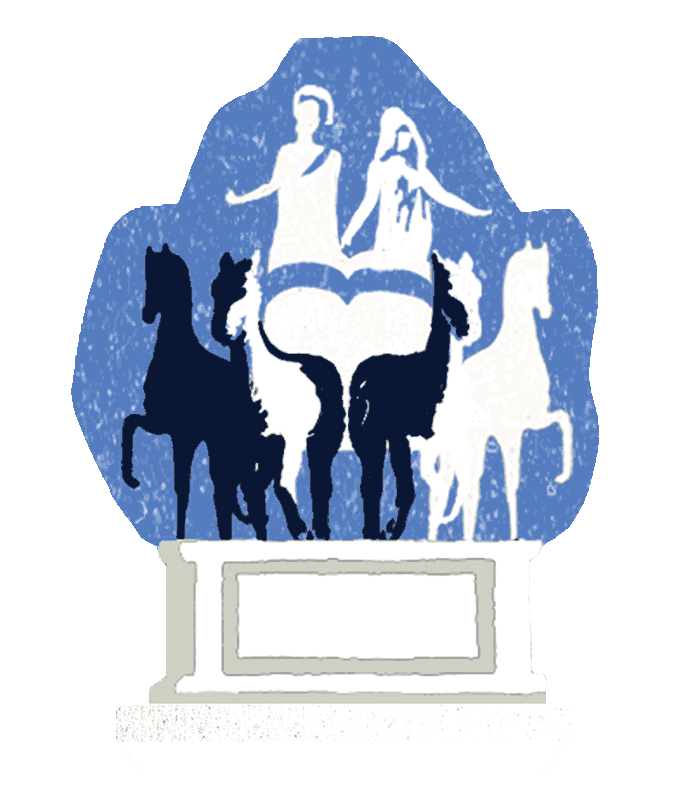 Pop-Up book component illustrated by Anna Simmons showing a statue of ancient male and female chariot riders with horses in blues and neutral  colours