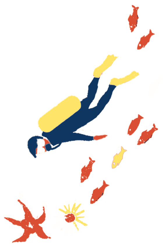 Illustrated scuba diver by Anna Simmons in a black and yellow wetsuit, swimming alongside a shoal of orange, yellow and white fish