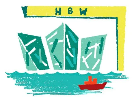 Spot illustration of the Titanic Museum Belfast in greens, yellow and red with a Harland and Wolff crane in the background and red boat in foreground