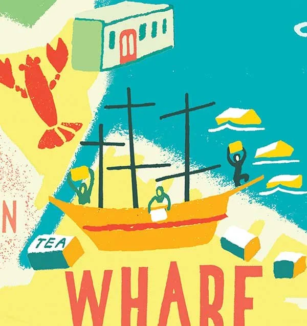 Cropped section of a Boston city map illustrated and hand lettered by Anna Simmons showing a yellow ship from the Tea Party Museum, Red lobster from James Hook & Co. and cropped red lettering reading 'WHARF'