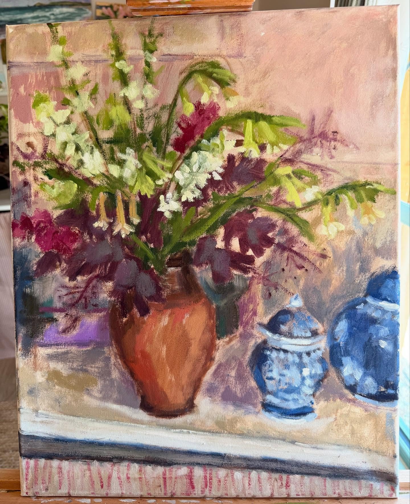 Smokebush, nicotiana and larkspur. Celebrating British Flowers Week through paint (before they all die in this heat, my studio is roasting) #britishflowersweek #britishflowers #smokebush #oilpaint #flowerpainting #botanicalpainting #michaelhardingpai