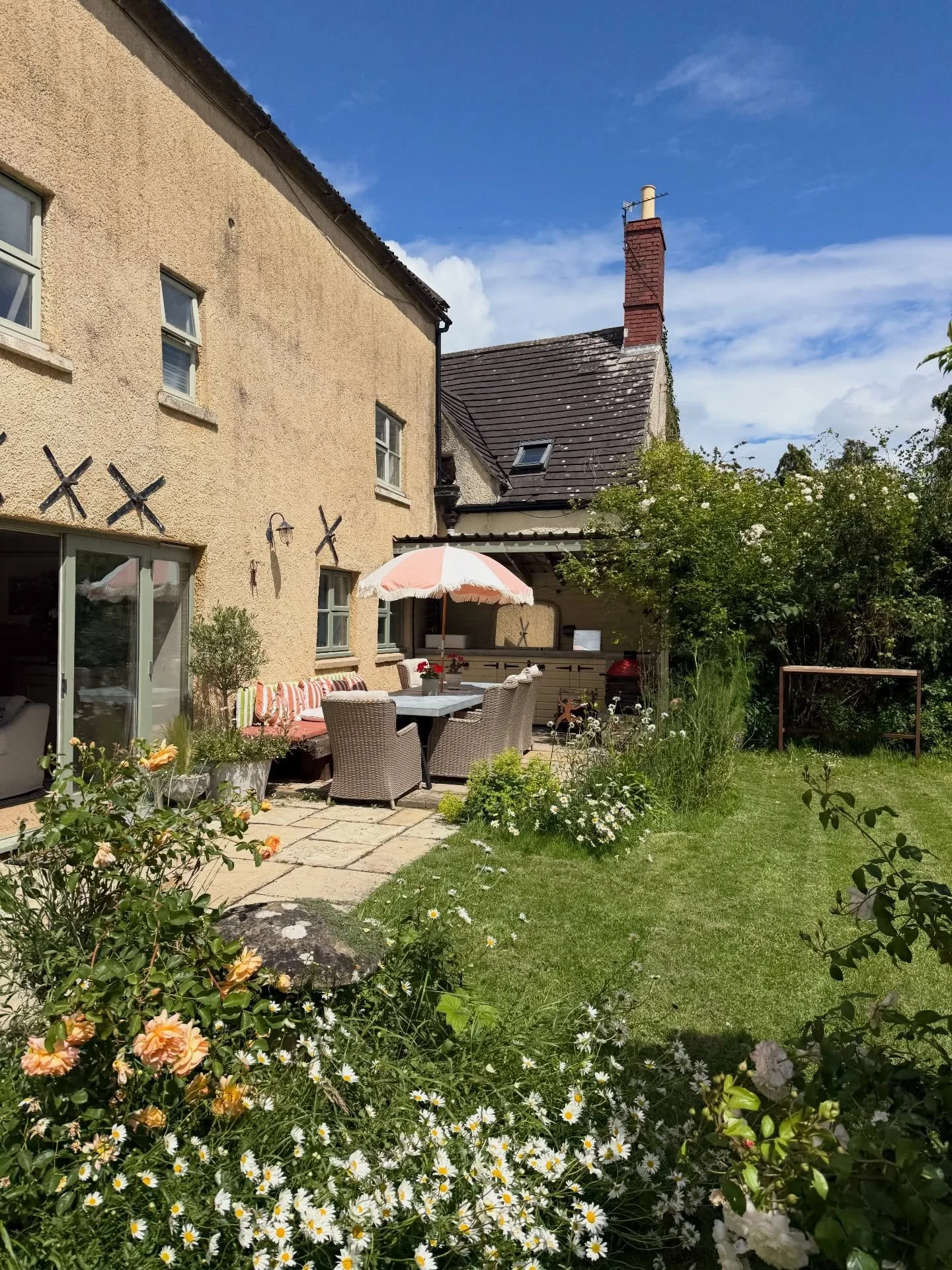 Garden in June ⛱️ it&rsquo;s been a good year for roses!