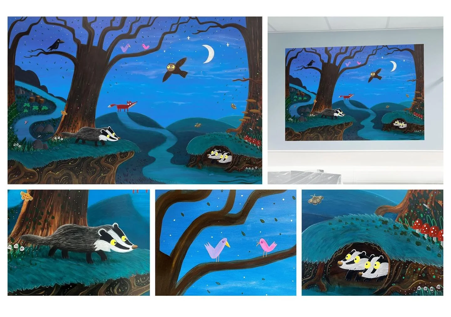 A detailed look at the badger mural for Plymouth Hospital #mural #muralart #illustrator #artwork #acrylicpainting #kidslitart