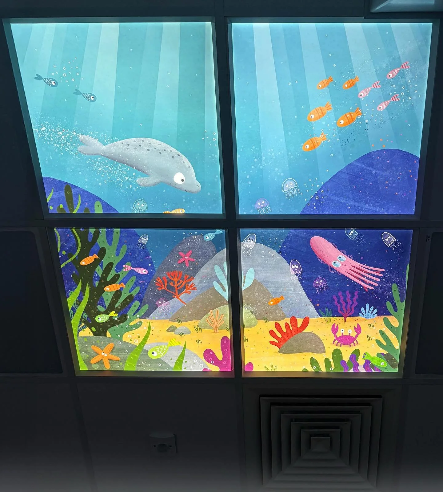 The project I did for Bournemouth Hospital has been installed. It features 4 images for 4 recovery rooms. Each image is 1.2m square and has been printed onto LED displays and installed in the ceiling. The theme for the project is a day at the beach. 