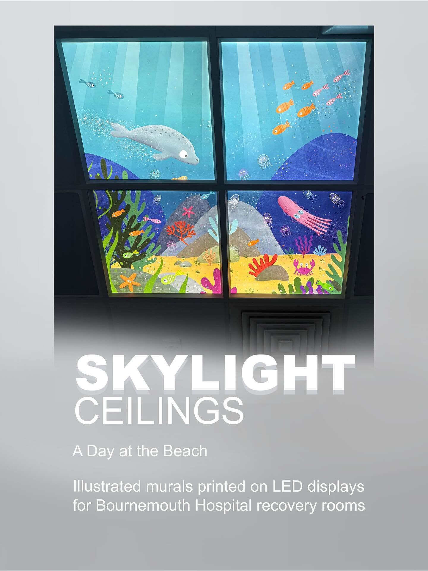 Here is my latest project in full. It features 4 LED displays. Each one consists of 4 panels to create a 1.2m square image. The project is for four recovery room ceilings at Bournemouth Hospital. The theme across the hospital is a day at the beach. I