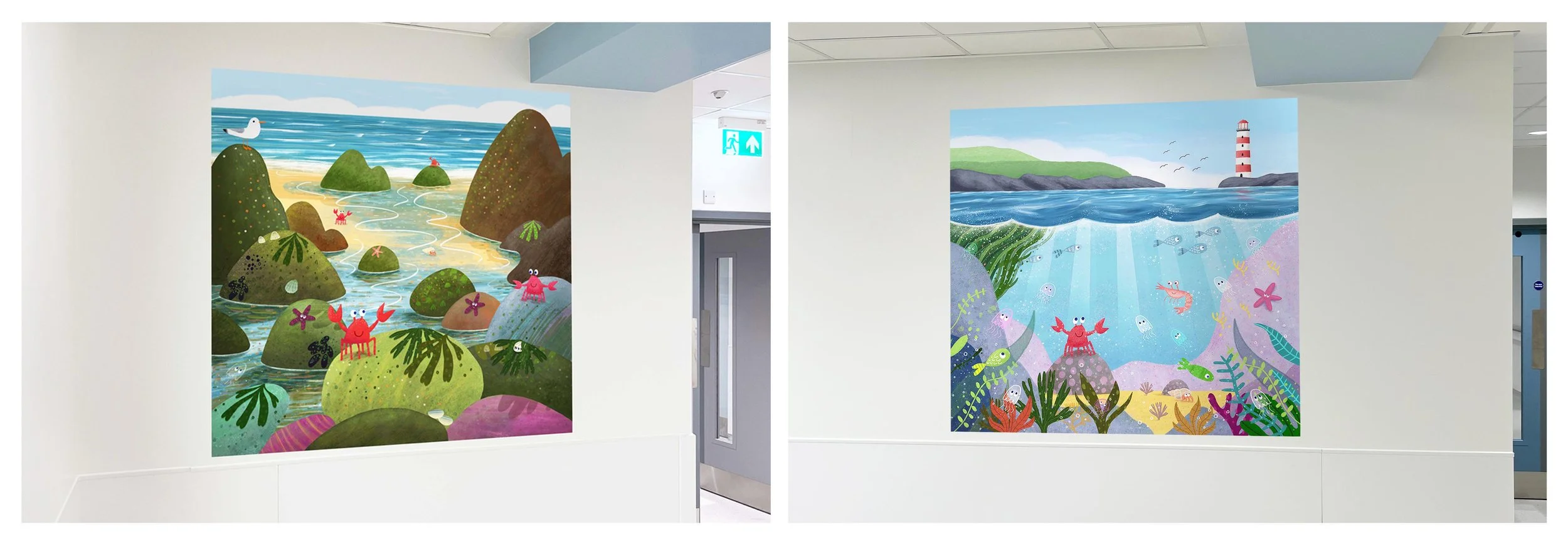 Large scale vinyl wall mural in hospital corridor showing beach and underwater scene scene.