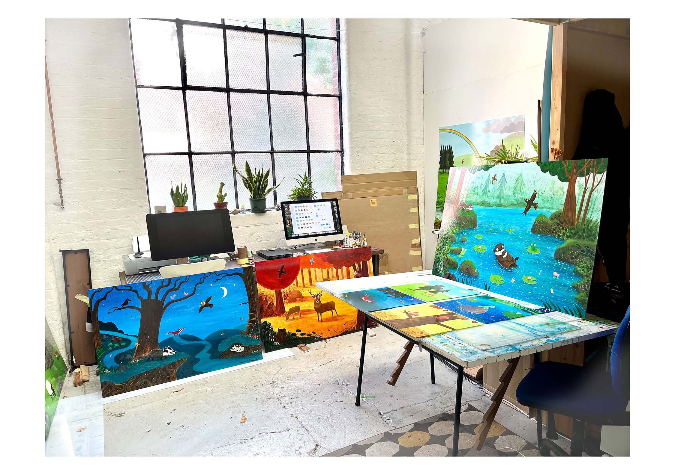 Detail of hand-painted acrylic mural in artist's studio showing texture and character work for paediatric ward.