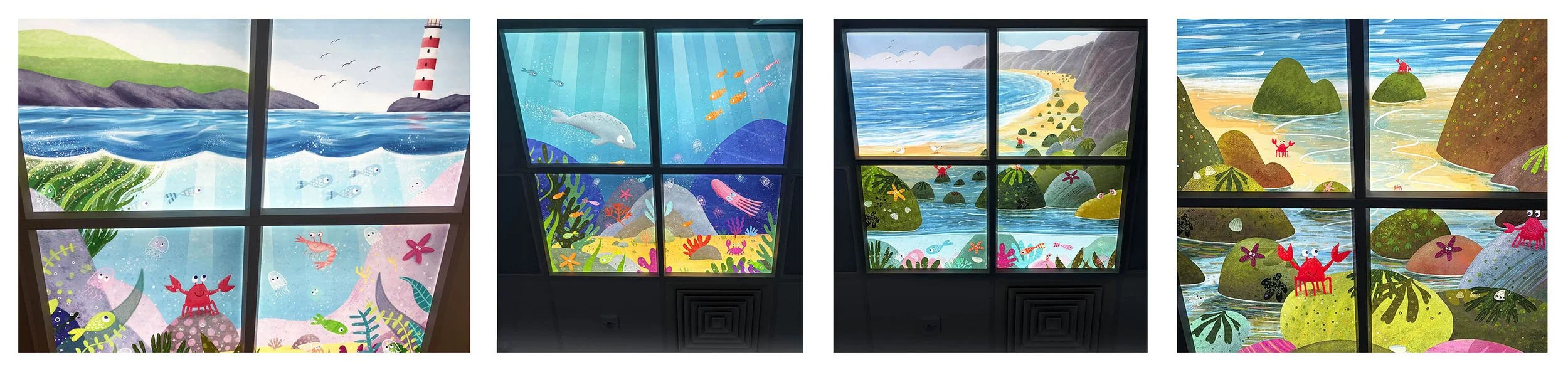 Aspire LED medical lighting panel with bespoke narrative artwork for hospitals.