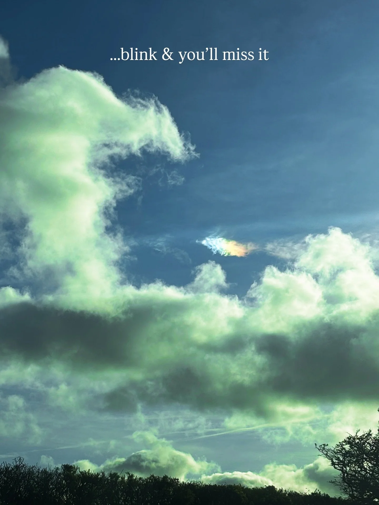 Over the weekend I briefly saw the sun again. ☀️

It was nice. 

I&rsquo;d started to assume it had retired, or moved abroad.

Then this happened.
A rainbow cloud.
Not a full rainbow. Not showing off.
Just turning up quietly, doing something useful, 