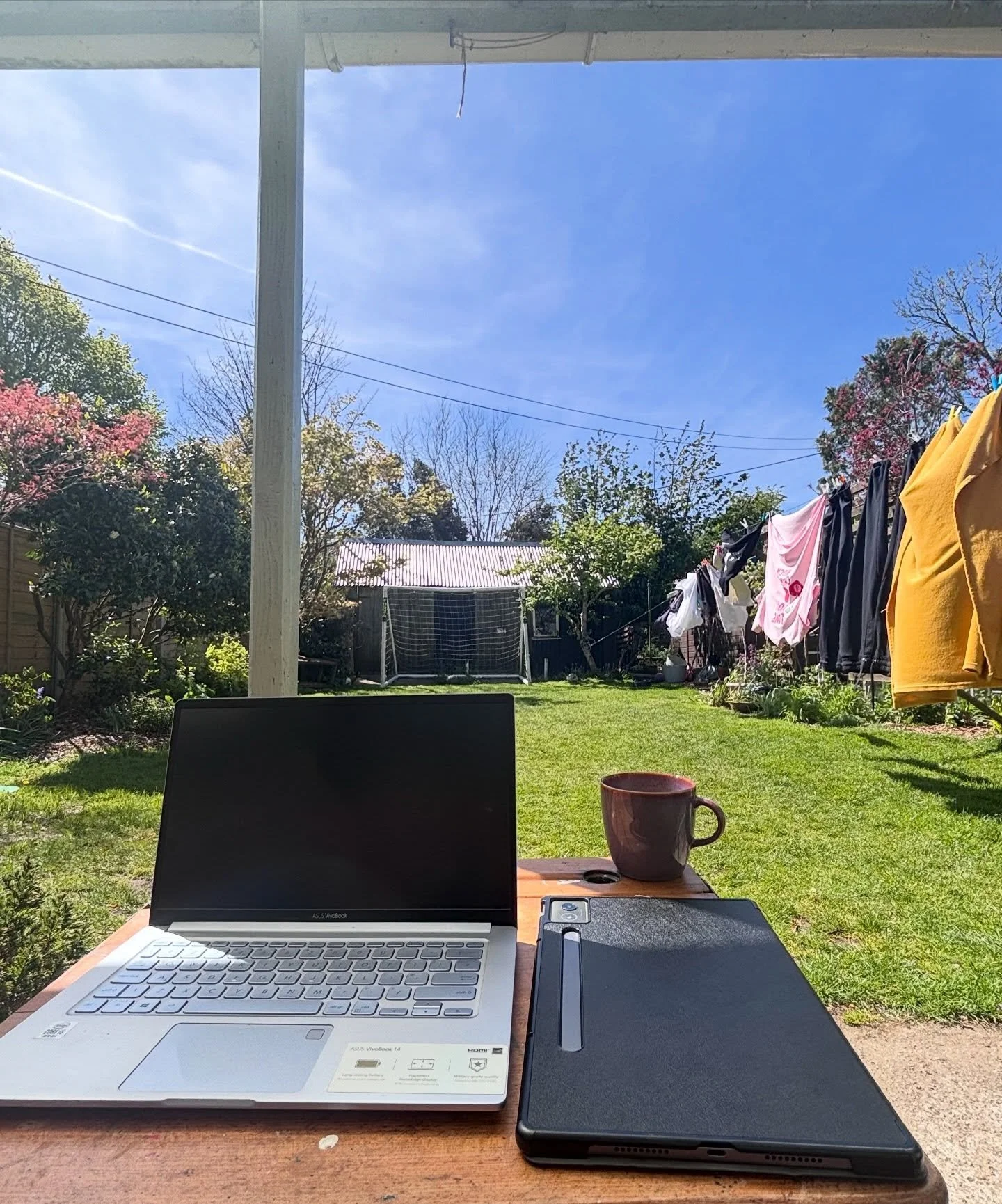 It&rsquo;s sunny today. Also a bit blimin&rsquo; windy.

Which in Cornwall
usually cancels each other out.

But under this little lean-to
it&rsquo;s actually perfect ☀️

Laptop out. Tea on the go. [Obviously]. 
Bit of writing done. Socials finished.
