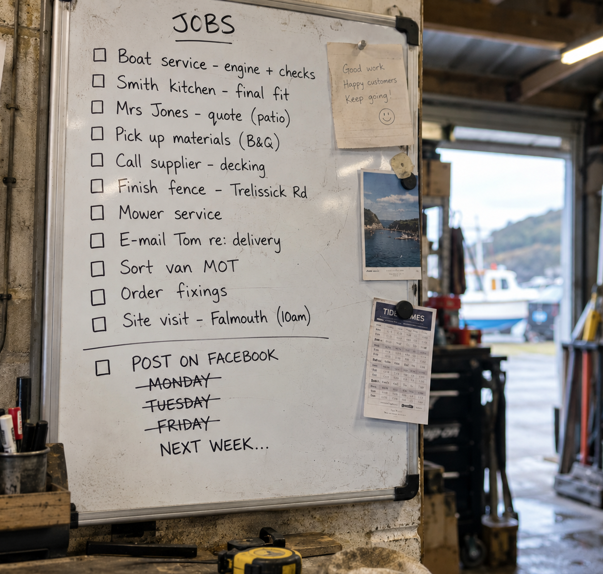 Busy workshop job board with posting on Facebook repeatedly postponed from Monday until next week.