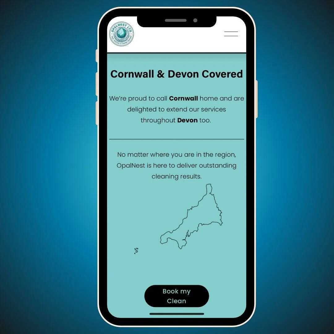 Mobile phone screen displaying a website for a cleaning service called OpalNest, covering Cornwall and Devon regions, with a map outline of the southwest of England and a 'Book my Clean' button.