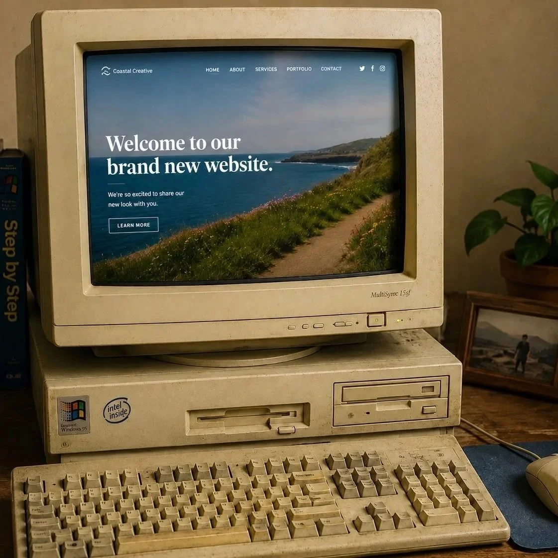 An old beige computer with a CRT monitor displaying a website with a coastal landscape. The monitor is connected to a beige CPU tower, and a beige keyboard and mouse are in front. A framed photo of a person near mountains and greenery, and a potted plant are on the table.