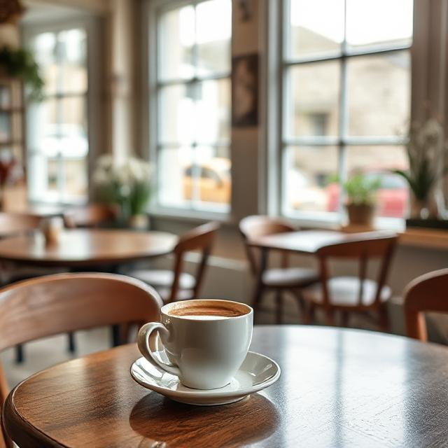 Blurred background of coffee shop with focused cup of coffee on table, perfect for a relaxing break.