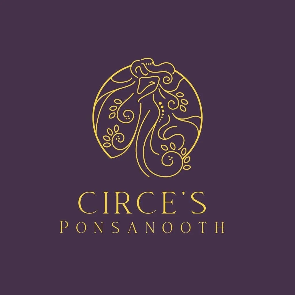 Circe's logo with a purple background and gold writing, featuring an abstract line drawing of a woman, symbolising the Greek goddess Circe