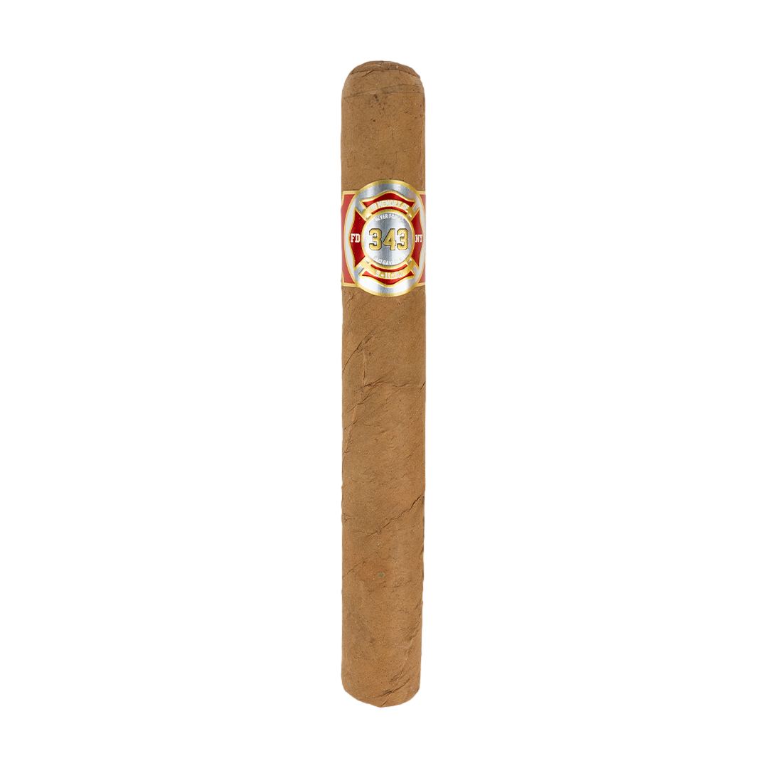 A partially smoked cigar with a band that has the number 343 and firefighter emblem, resting against a backdrop of solid colors.