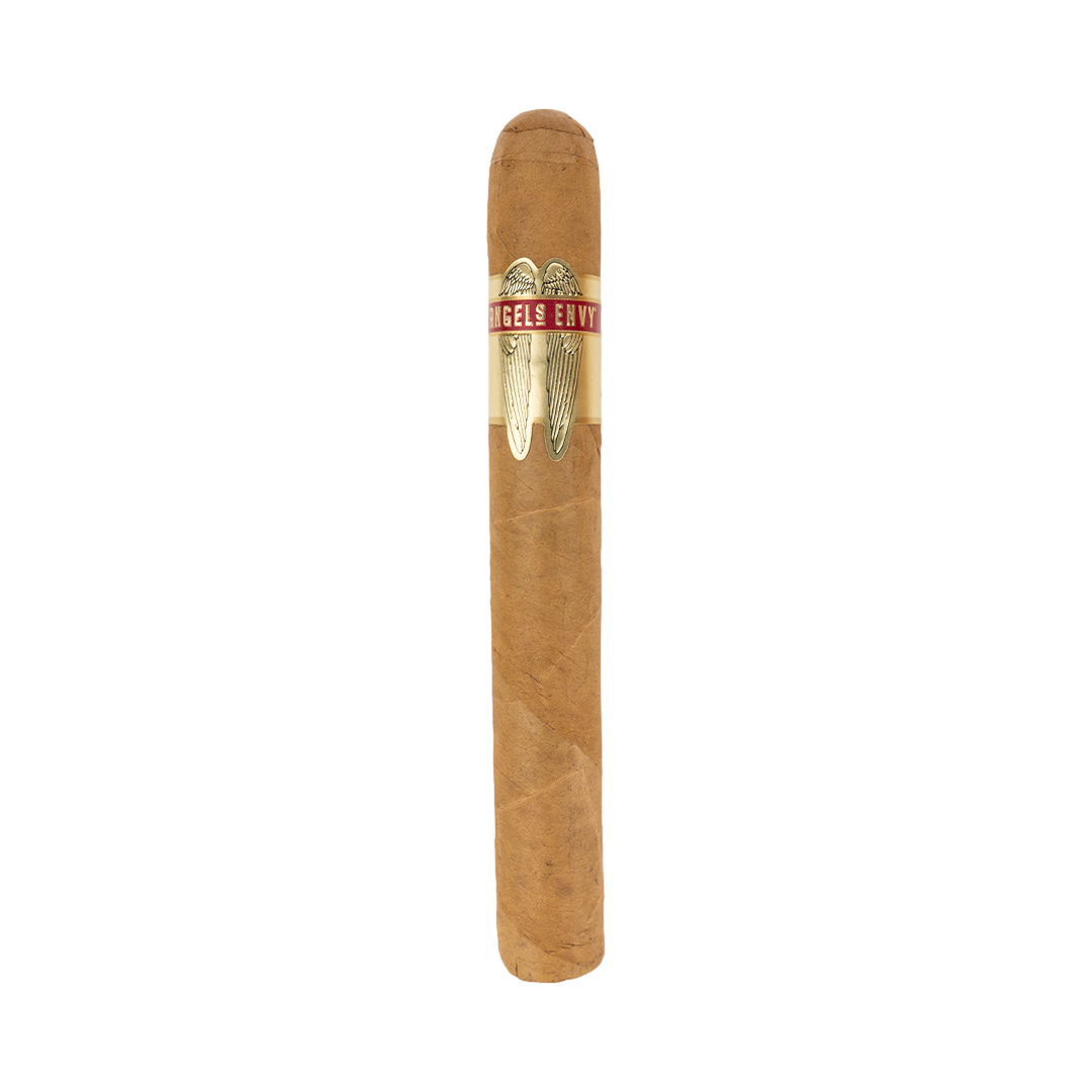 A large brown cigar with a red and gold band that reads "Angels Envy" and has angel wings on it.