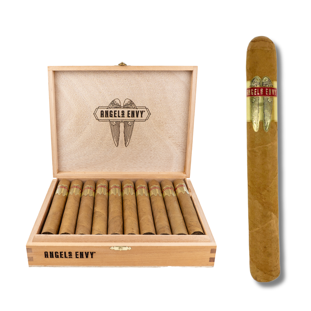 A wooden box of ten cigars with matching labels and a close-up of a single cigar showing an angel wing emblem and label, branded 'Angels Envy'.