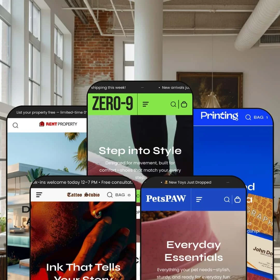 A composite image showing five different versions of the Zero Shopify theme by Omelatte FZ-LLC displayed on smartphone screens. Each screen showcases the theme's adaptation for different niches.