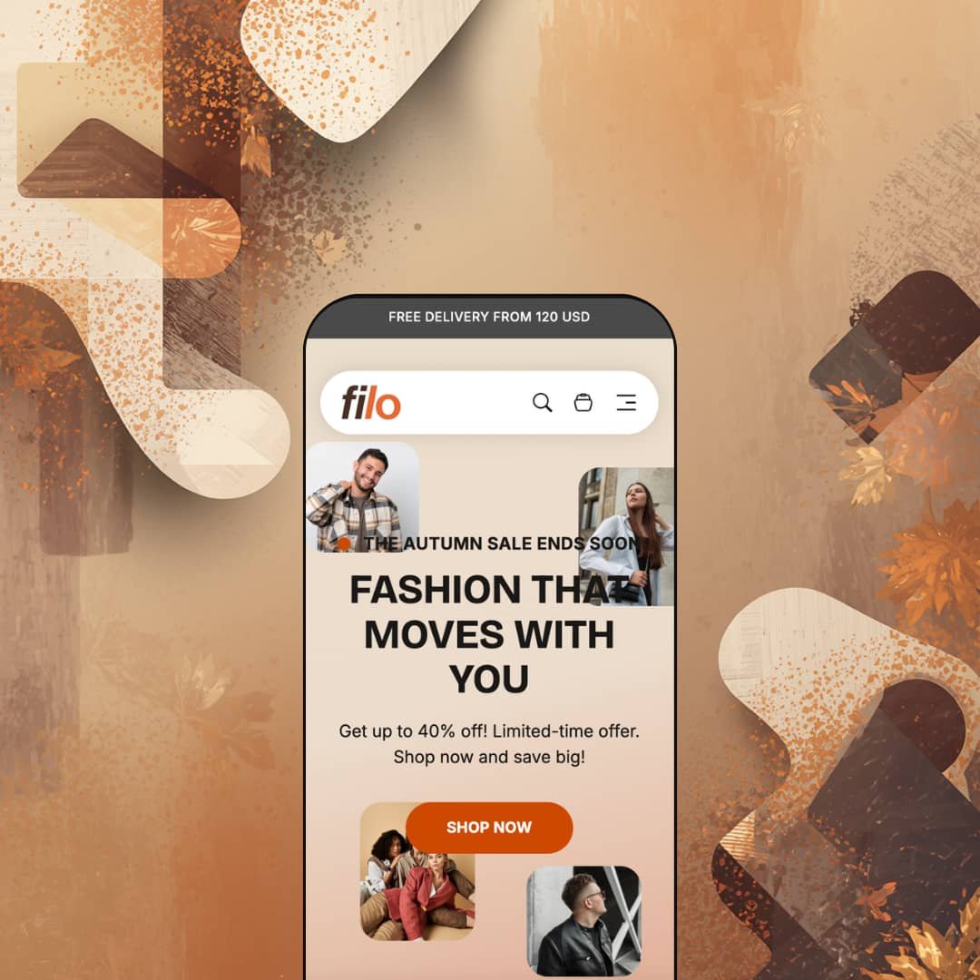Filo Shopify theme mobile preview showing the autumn sale hero section with lifestyle photography, a bold Shop Now button, and the Filo logo on a warm earth-toned background