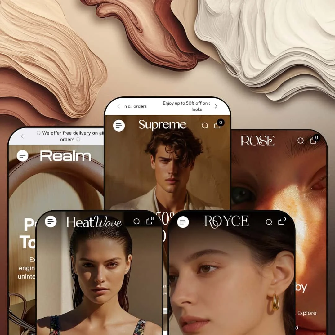 Supreme Shopify theme shown across five mobile preset demos: Supreme, Rose, Heatwave, Realm, and Royce, each displaying a different niche from fashion to jewelry.